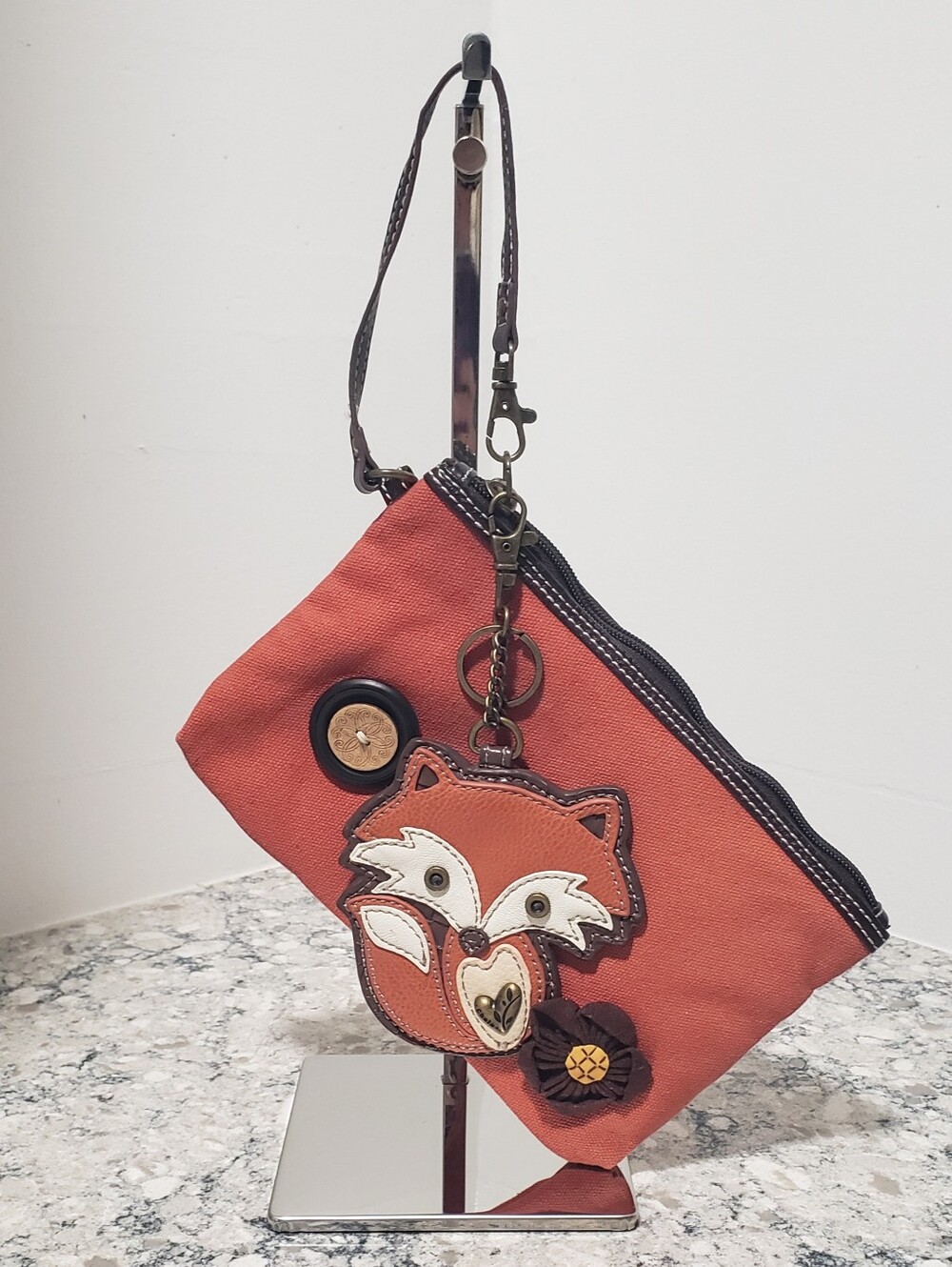 Chala Button Flower Applique Canvas Wristlet W/ Fox Keychain Bag Charm